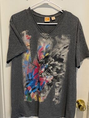 BOSS Orange Graphic V-Neck T-Shirt Gray Abstract Print Tee